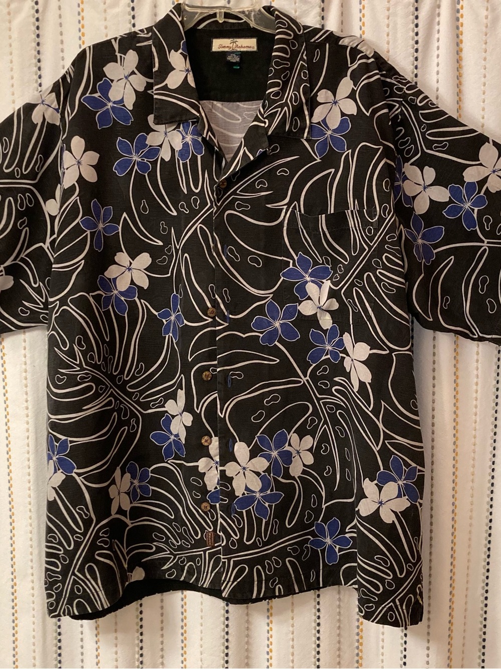 Tommy Bahama Black Floral Button-Up Shirt with Blue and White Flowers 100% Silk